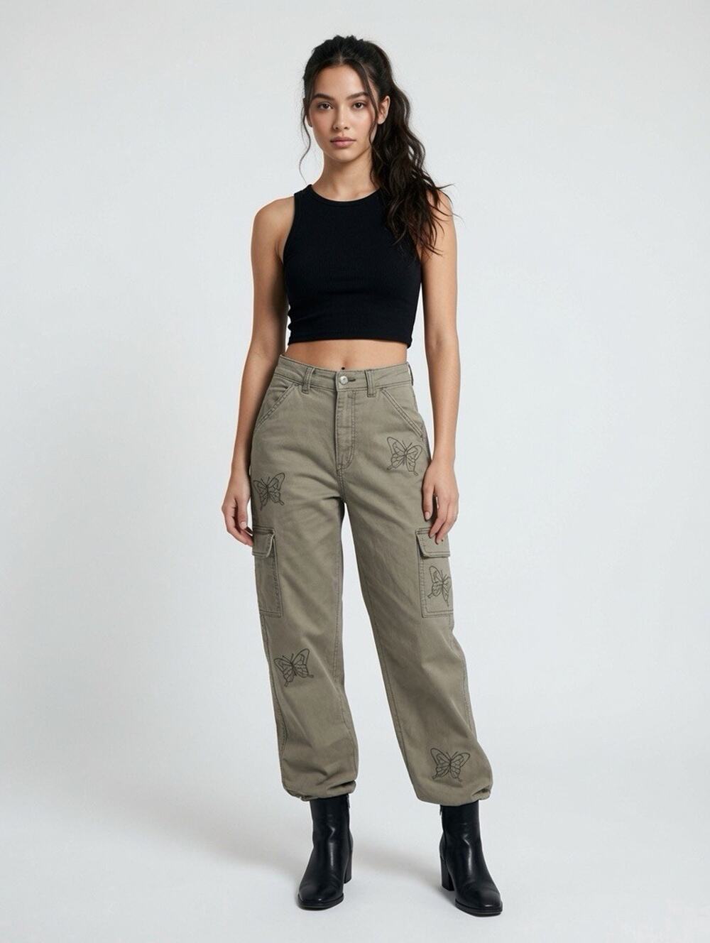 Hollister Ultra High Rise Dad Pants 90s Y2k Grunge Cargo Olive Preppy Butterfly